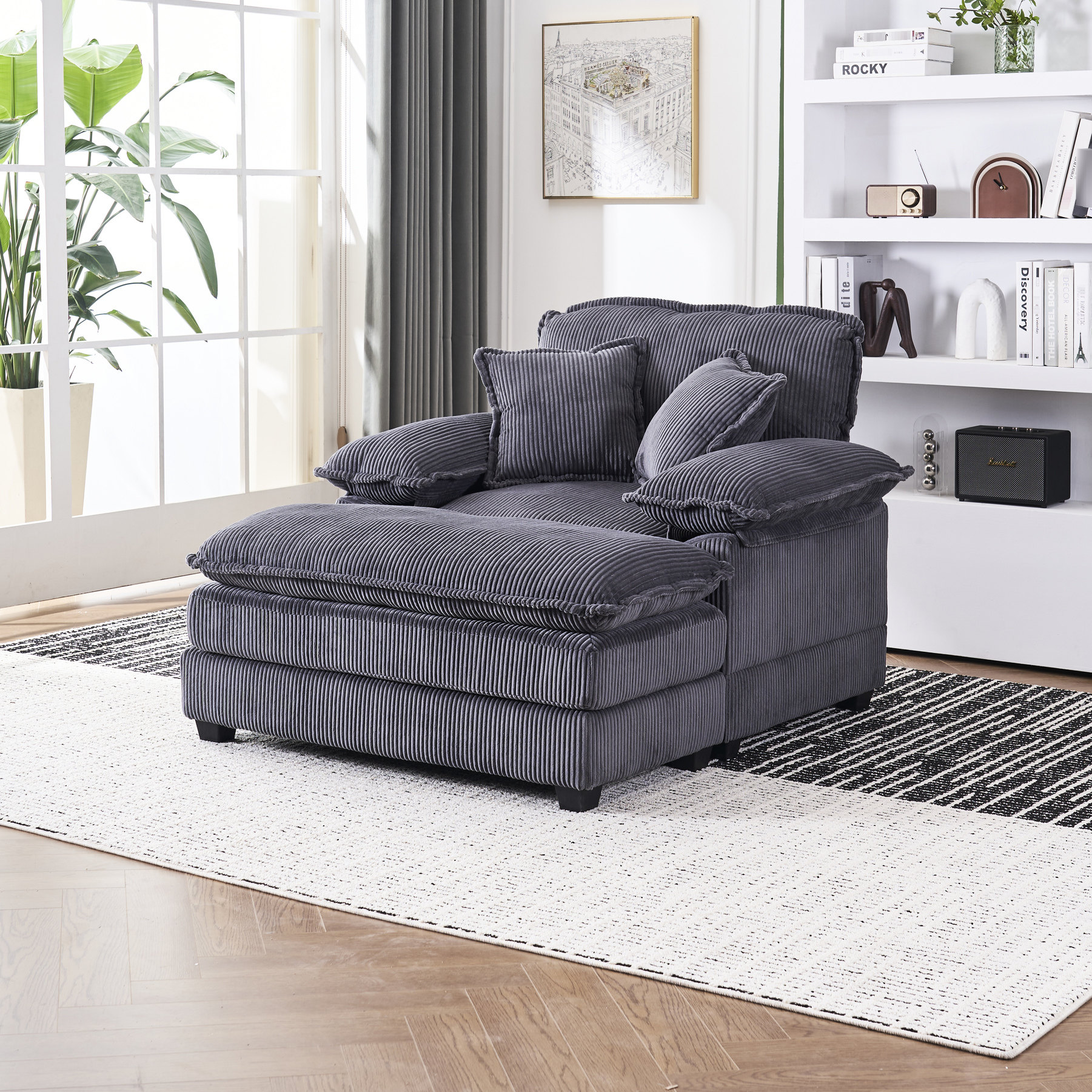 46.9W x 56.3D x 35.4H Sofa with Corduroy Upholstery and Ottoman for ...