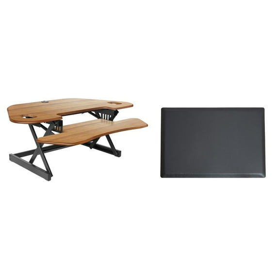 46" Adjustable Corner Standing Desk Converter Anti Fatigue Mat Bundle Teak Wood