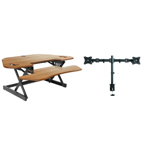 46" Adjustable Corner Standing Desk Converter Dual Monitor Arm Bundle Teak Wood
