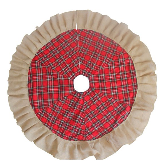 46" Christmas Tree Skirt Patchwork Tartan Plaid with Jute Burlap Ruffle Border