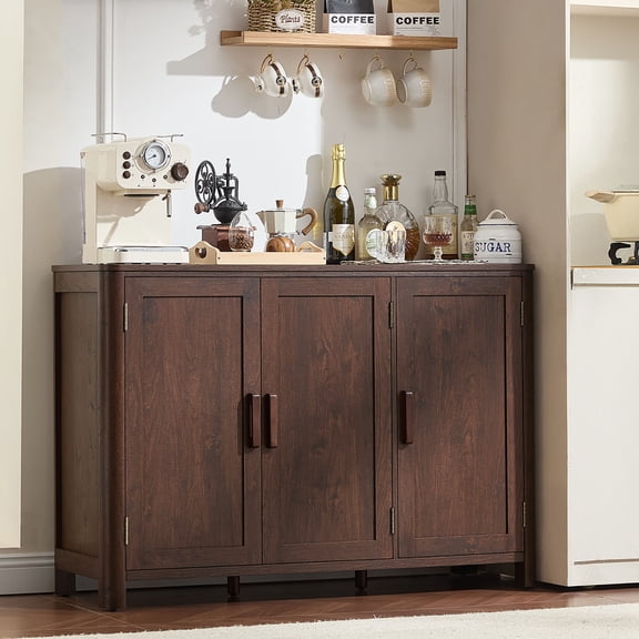 46" Coffee Bar Cabinet, Kitchen Storage Cabinet with 3 Doors, Sideboard Buffet Cabinet with Adjustable Shelves for Kitchen, Dining Room, Walnut