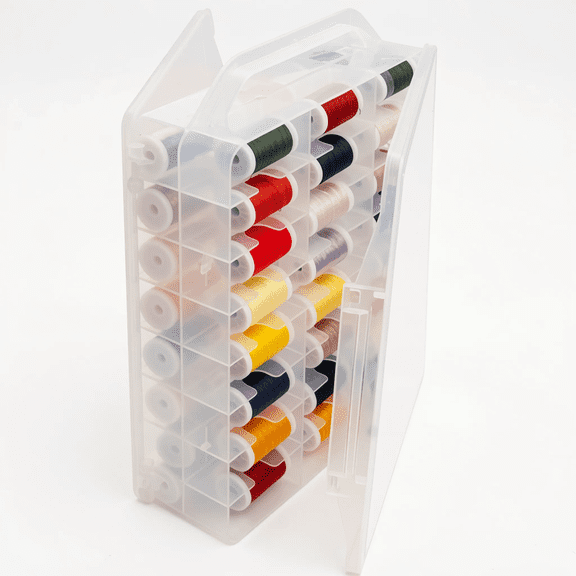 46-Compartment Sewing Thread Organizer Box, Double-Sided Clear Plastic Storage Case with Handle for Embroidery Floss and Crafts, Clear