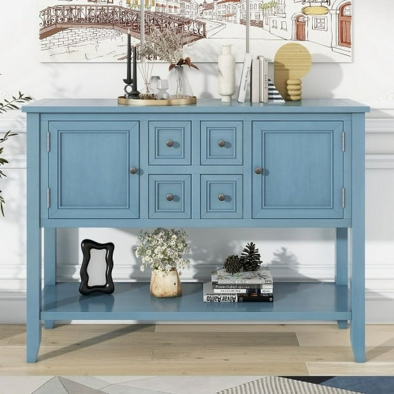 46" Console Table, Retro Entryway Table with 2 Doors & 4 Drawers, Vintage Sideboard Sofa Table with Bottom Shelf for Entryway, Hallway, Couch, Living Room, Kitchen, Cambridge Style, Dark Blue