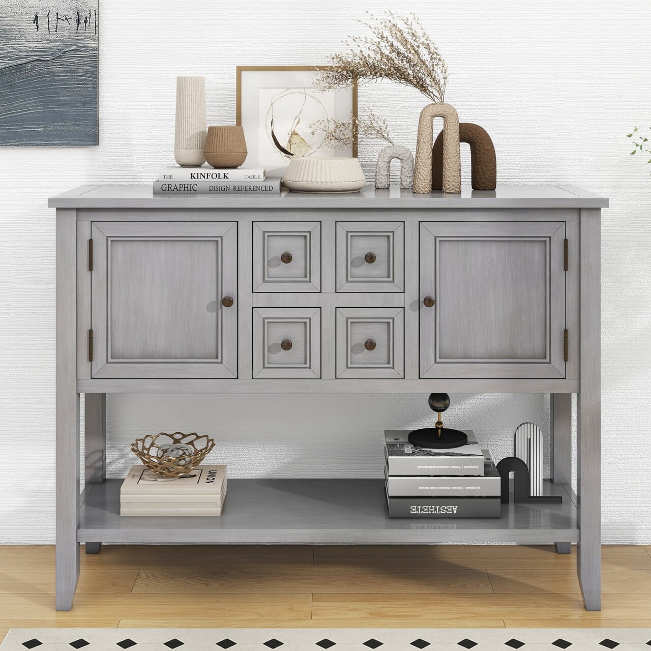 46" Console Table, Retro Entryway Table with 2 Doors & 4 Drawers ...