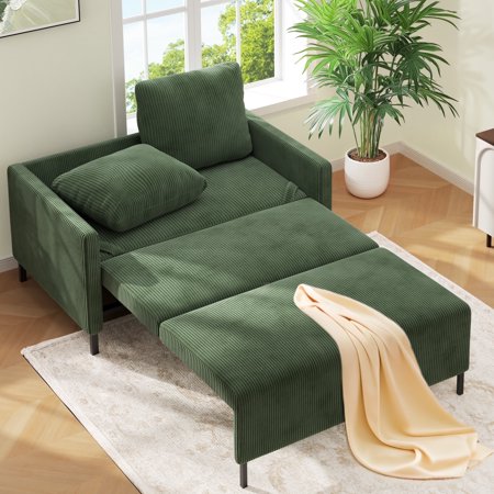 Domusensus 46" Convertible Sofa Bed, Corduroy Sleeper Loveseat with 2 Pillows, Green