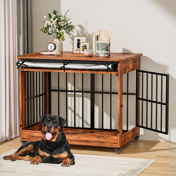 46" Dog Crate Furniture, Double Door Pet Cage End Table with Wheels for Extra Large Breed Dogs