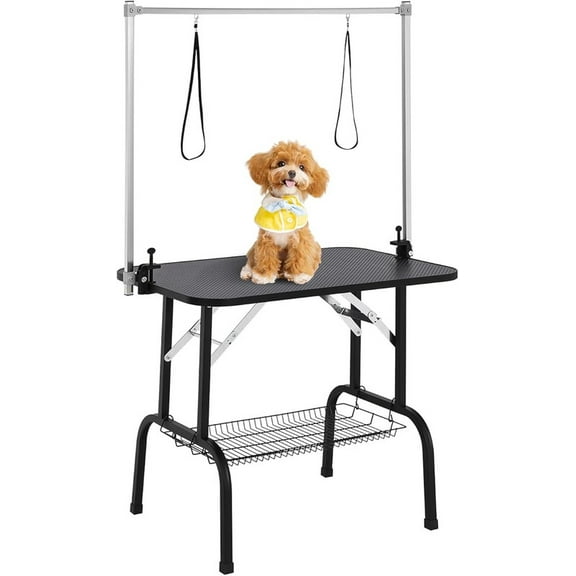 46" Dog Grooming Table,Foldable Pet Grooming Table for Dogs at Home Black Stainless Steel Bath Grooming Station with Adjustable Arm,Nooses, Mesh Tray,Tool Organizer