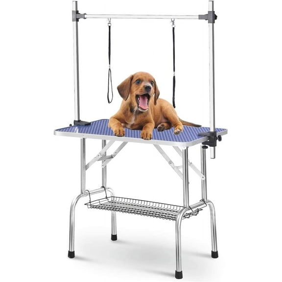 46" Dog Grooming Table Foldable Pet Grooming Tables with Adjustable Arm Noose Storage Mesh Tray Maximum Capacity Up to 330lbs Blue