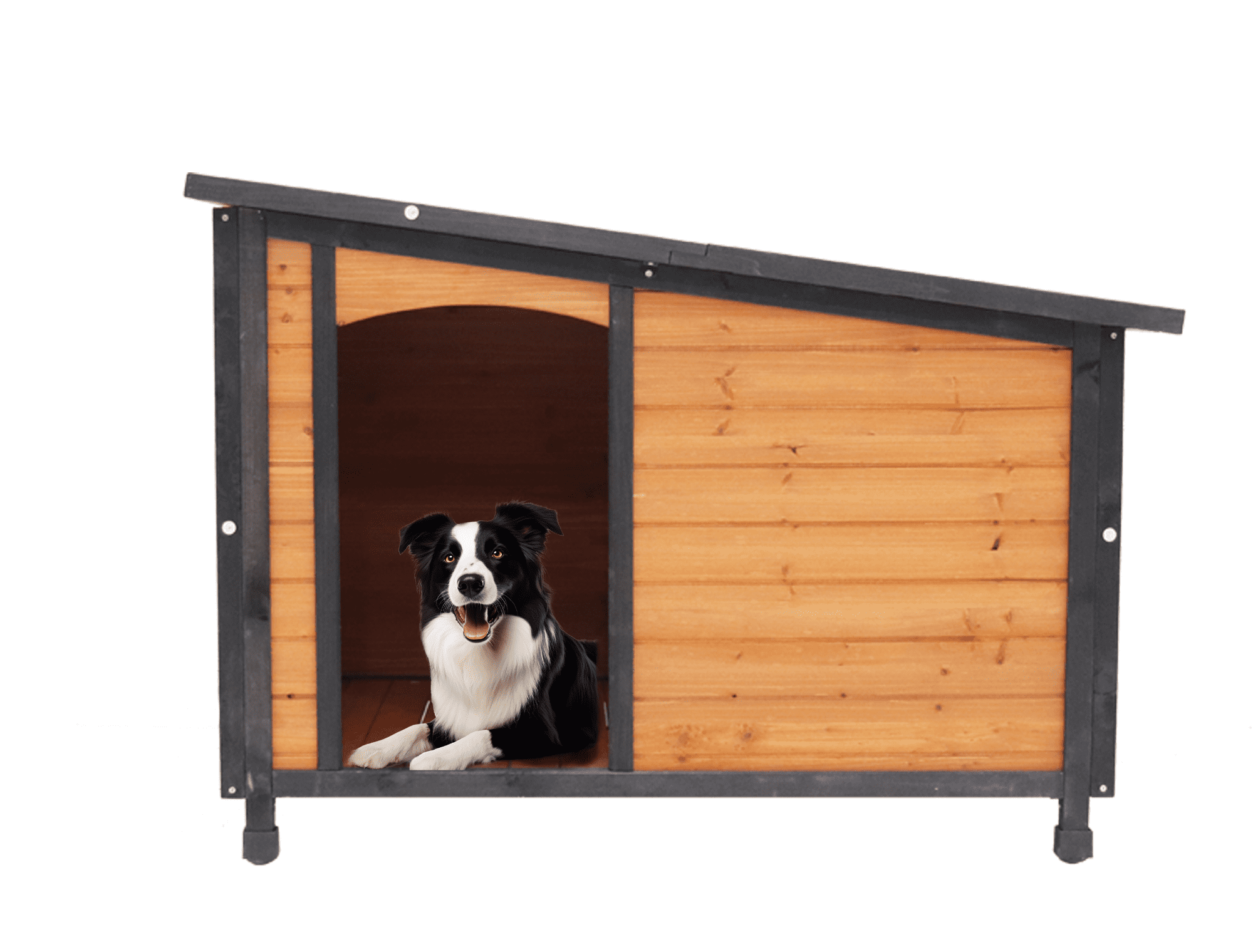 46" Dog House Outdoor & Indoor Wooden Dog Kennel for Winter, Raised Feet, Weatherproof for Large Dogs, PVC Waterproof Roof, Gold Red and Black