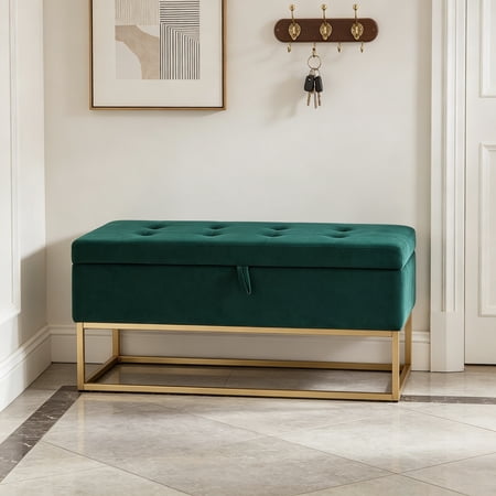 46" End of Bed Bench, Storage Bench with Metal Base Holds up to 500 lbs, Button Tufted Velvet Upholstered Bedroom Bench for End of Bed, Living Room, Entryway, Window, Green