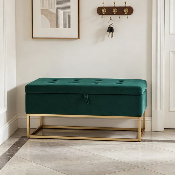 46" End of Bed Bench, Storage Bench with Metal Base Holds up to 500 lbs, Button Tufted Velvet Upholstered Bedroom Bench for End of Bed, Living Room, Entryway, Window, Green