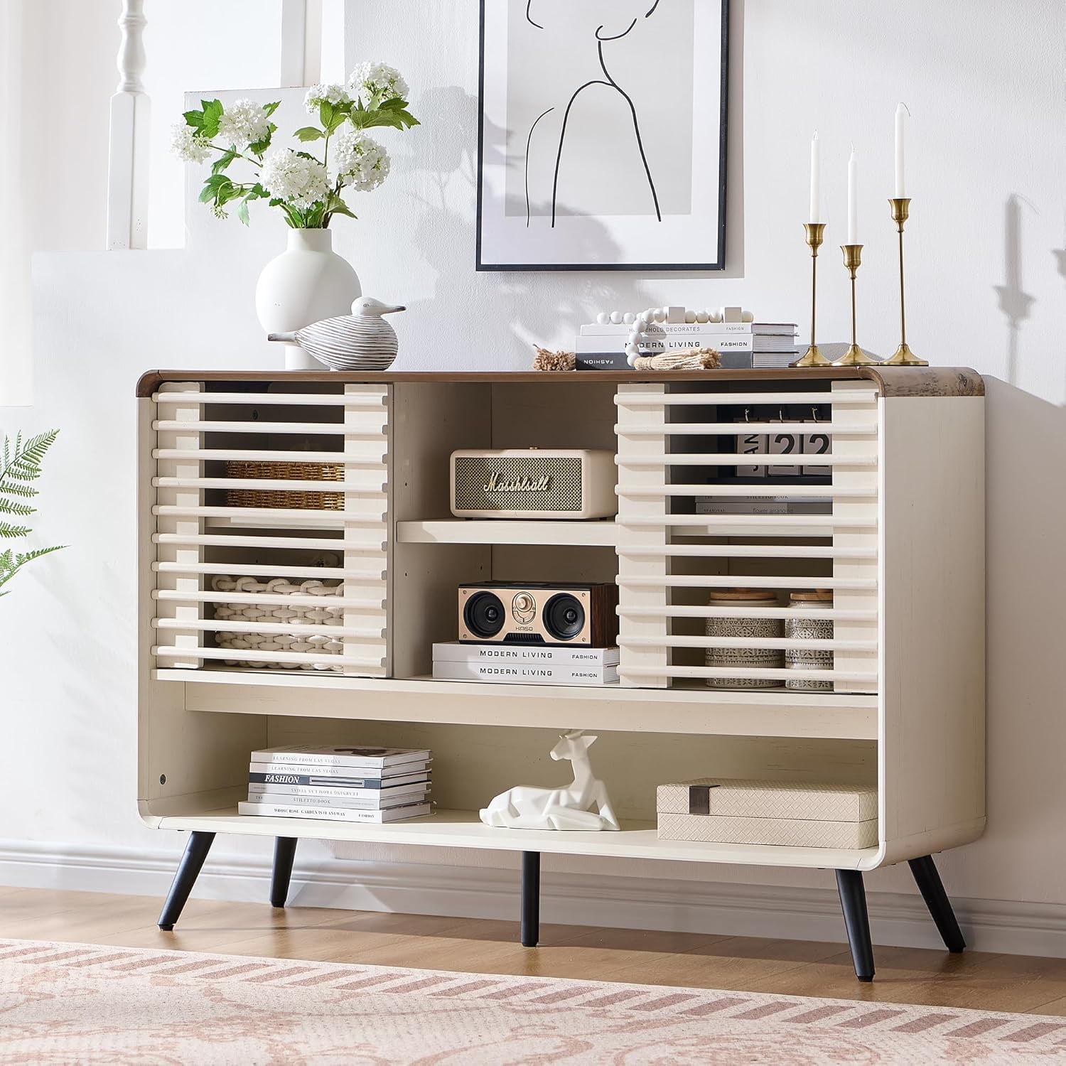 46" Entryway Table with Slatted Sliding Door, Mid Century Modern