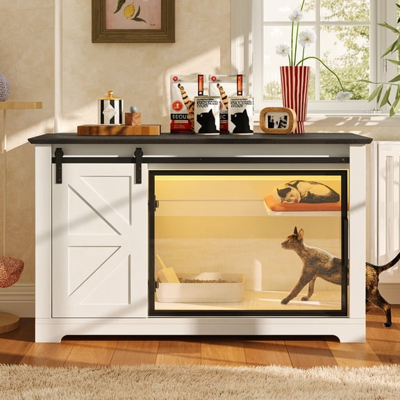 46" Farmhouse Cat Litter Box Enclosure with Sliding Barn Door, White Large Hidden Acrylic Door Cat Cabienet with LED Light, Cat Washroom Furniture with Storage Cabinet, Cat House Nightstand