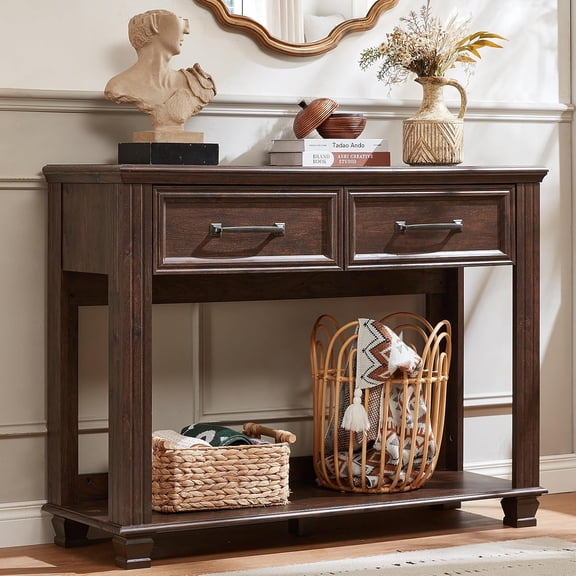 46" Farmhouse Console Table with Drawers, Walnut Entryway Table, Rustic Wood 2 Tier Entry Table with Open Storage Shelf, Large Mid-Century Vintage Sofa Table for Living Room