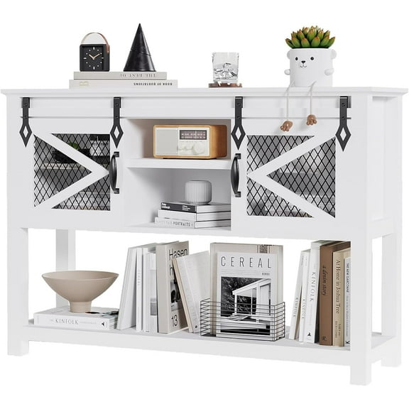 46"  Farmhouse Console Table with Sliding Barn Doors Wood Entryway Table with Storage Shelves, Narrow Rustic Sofa Table for Living Room, Entryway, and Foyer