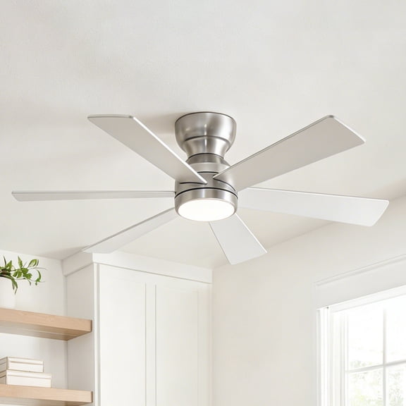 46" Flush Mount Ceiling Fan with Lights Remote Control,Quiet DC Motor 6 Plywood Blade Ceiling Fans 6 Speed Levels,Reversible Ceiling Fan,SLIVER