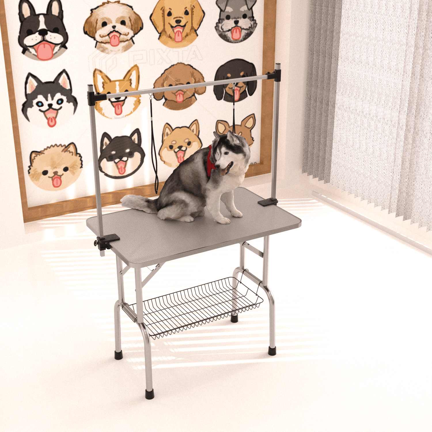 View of 46” Folding Dog Pet Grooming Table Stainless Steel Frame Rubber Mat on ...