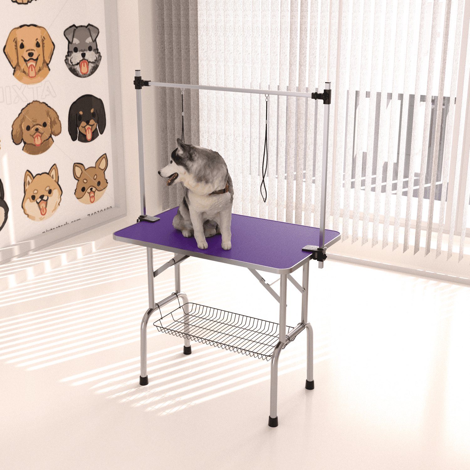46" Folding Dog Pet Grooming Table Stainless Steel Frame Rubber Mat on Board with Adjustable Arm and Clamps pet dog Cat Grooming Table