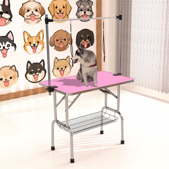 46" Folding Pet Grooming Table, Stainless Steel Frame with Non-Slip Rubber Mat, Adjustable Grooming Arm & Nylon Clamps, Pink Color, 300lbs Capacity for Dogs Cats