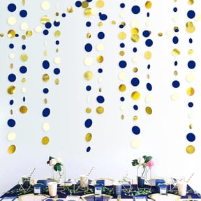 46 Ft Navy Blue and Gold Circle Dots Garland, Royal Blue Hanging Paper Polka Dot Streamer for Graduation, Birthday, Wedding, Nautical & Ahoy Anchor Theme Party Decorations