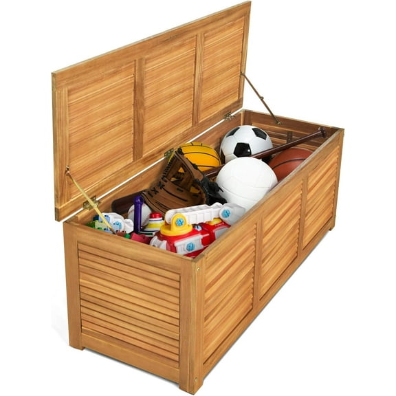 46 Gallon Acacia Wood Deck Box, Outdoor Storage Box Garden Tools Box Container for Patio Garden Garage