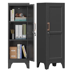Firstsky 46"H Black Metal Locker with 1 Lockable Door and 2 Adjustable Shelves for Employees, 3 Tier Small Storage Cabinet with Detachable Legs and Handle for Kitchen,Office,Gym,School,Easy Assembly