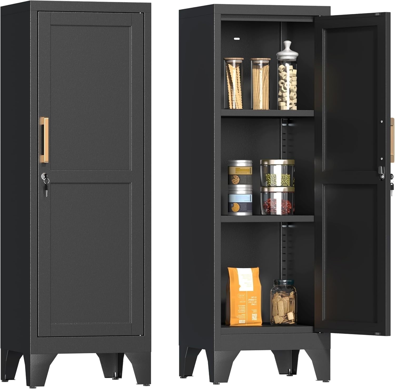 46"H Black Metal Pantry Cabinet with 1 Lockable Door and 2 Adjustable Shelves, 3 Tier Small Storage Cabinet with Detachable Legs and Vintage Handle for Kitchen,Home Office,Gym,School,Easy Assembly