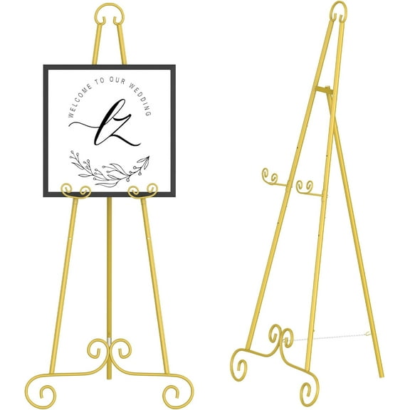 46" H Metal Round Tube Scroll Display Easel, Vintage Gold Decorative Large Adjustable Floor Standing Easel with Chain Support, Perfect for Showcasing Pictures, Artwork, Picture Frame Wedding Sign
