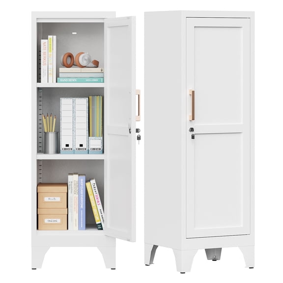 46" H White Metal Locker with 1 Lockable Door and 2 Adjustable Shelves for Employees,3 Tier Small Storage Cabinet with Detachable Legs and Vintage Handle for Kitchen, Office,School,Gym,Easy Assembly