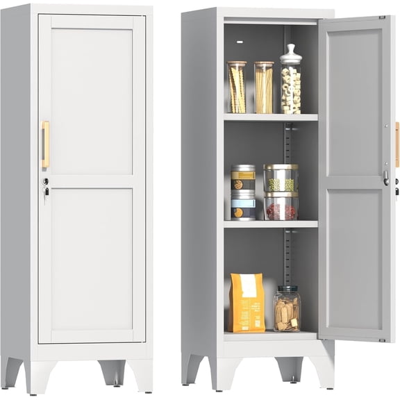 46"H White Metal Pantry Cabinet with 1 Lockable Door and 2 Adjustable Shelves, 3 Tier Small Storage Cabinet with Detachable Legs and Vintage Handle for Kitchen,Home Office,Gym,School,Easy Assembly