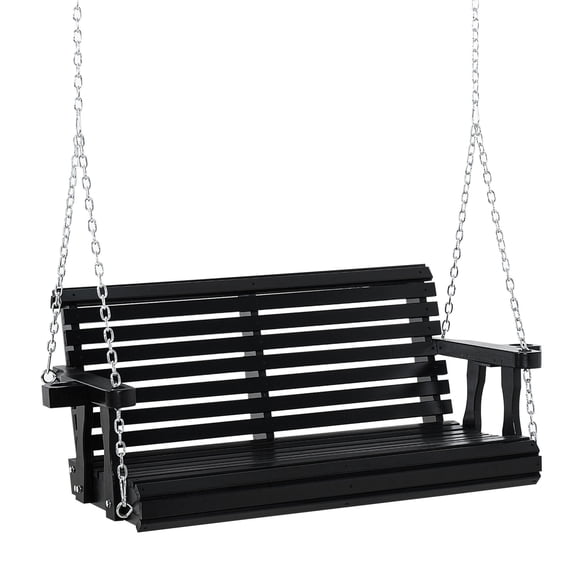 46 Inch 2 Person Black Swing Bench with Cup Holders 440lb Capacity Slatted Porch Oasis