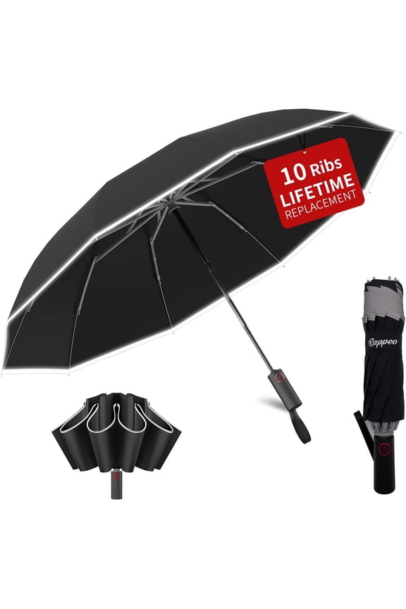46 Inch 4 in 1 Inverted Travel Umbrella Compact Automatic Windproof Portable UV Protection Reverse Folding with Reflective Strips Lightweight Black 2 Pack