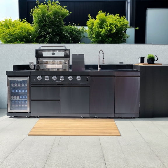 46-Inch 4-Burner 72000 BTU Deluxe Stainless Steel Gas Outdoor Kitchen Bar Barbecue Island Grill + Wine Cooler Compact Refrigerator + Rotisserie kit + Granite Countertops + Stainless steel Sink