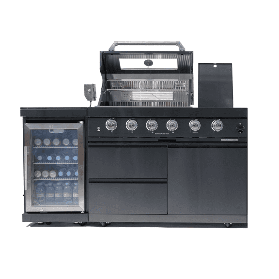 46-Inch 4-Burner 72000 BTU Deluxe Stainless Steel Gas Outdoor Kitchen Bar Barbecue Island Grill + Wine Cooler Compact Refrigerator + Rotisserie kit + Granite Countertops