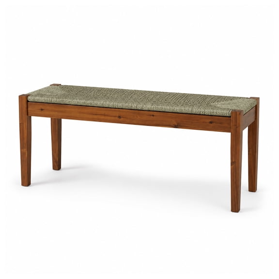 46-Inch Acacia Wood Bench with Natural Seagrass Woven Seat, Indoor Bench | Living Room, Entryway, Bedroom End of Bed or Dining, Vintage Mcm Style