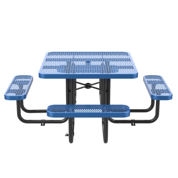 46-Inch Blue Square Steel Mesh Outdoor Table with Umbrella Hole | Rust-resistant patio equipment for durable, long-lasting outdoor seating