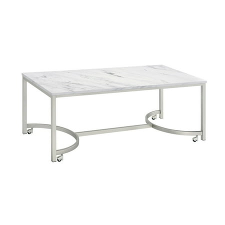 46 Inch Coffee Table Faux Marble Surface Silver Finished Geometric Base