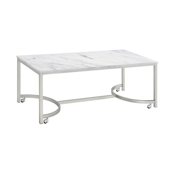 46 Inch Coffee Table Faux Marble Surface Silver Finished Geometric Base