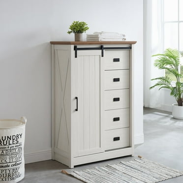 46-Inch Dresser with Sliding Barn Door, Modern Tall Chest with 5 Drawers and 4 Levels of Storage, Organizer Dresser for Bedroom, Hallway, Living Room, Children's Room (White)