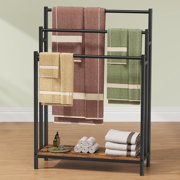 46 Inch Extra Large Freestanding Towel Rack Stand 3 Tier Blanket Ladder with Shelf Rustic Brown