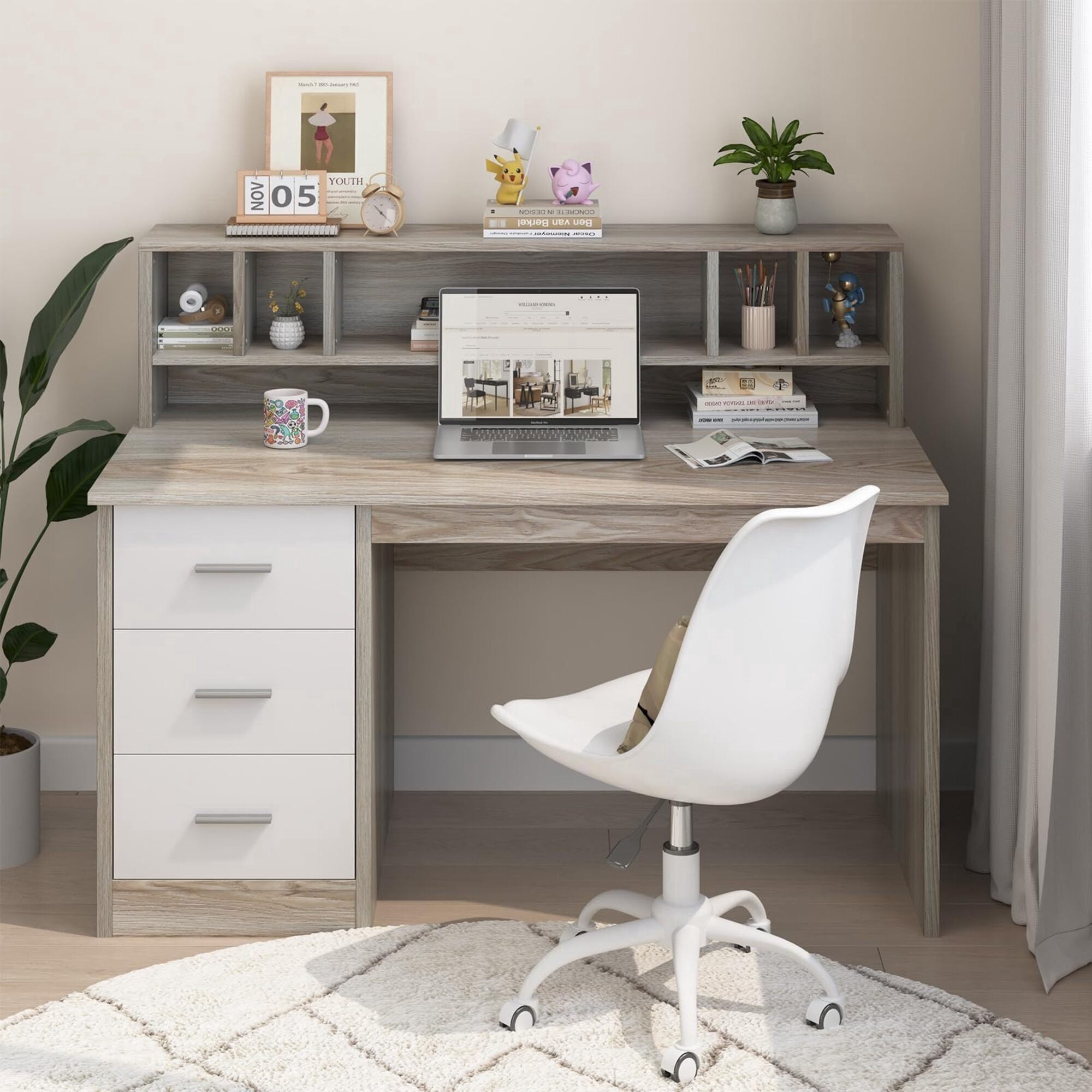 46-Inch Home Office Desk with Hutch & 3 Storage Drawers, Natural Wood Finish, Small Space Writing Study Table for Home Office/Study Room