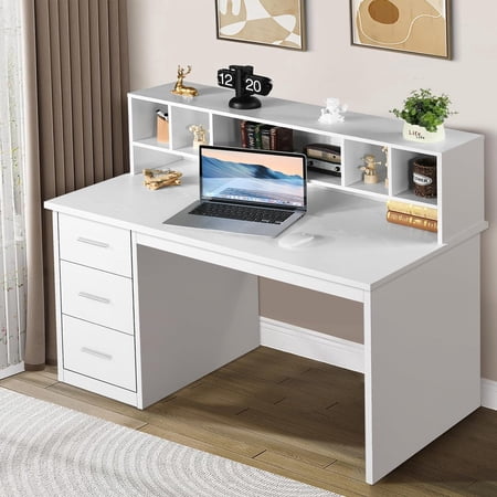 46-Inch Home Office Desk with Hutch & 3 Storage Drawers, White Finish, Small Space Writing Study Table for Home Office/Study Room