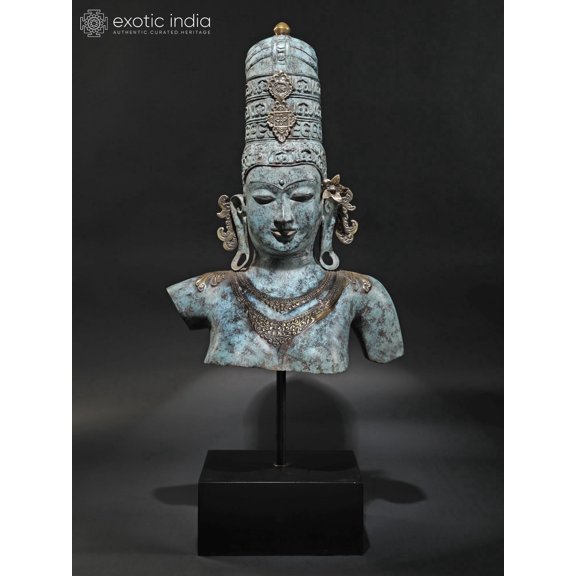 46 Inch Large Goddess Parvati Bust on Wood Base Balinese Brass Statue - Towering Consort