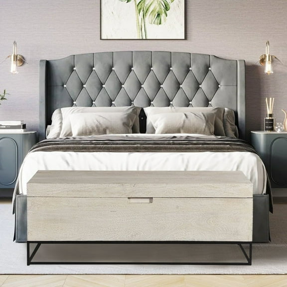 46 Inch Long Bedroom Wooden Storage Chest | 17 Inch Tall Solid Wood Trunk Coffee Table | Handcarved White Storage End Chest On Metal Stand