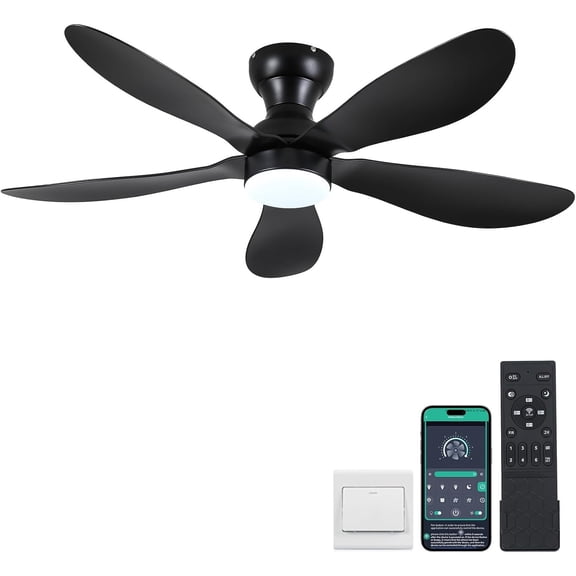 46 Inch Modern Ceiling Fans with Lights, Flush Mount Ceiling Fan with Remote/APP Control, 3 Reversible Curved Blades, 6 Speeds, 3 CCT, Dimmable LED Lights for Living Room Bedroom, Brown