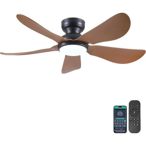 46 Inch Modern Ceiling Fans with Lights, Flush Mount Ceiling Fan with Remote/APP Control, 3 Reversible Curved Blades, 6 Speeds, 3 CCT, Dimmable LED Lights for Living Room Bedroom, Brown