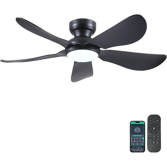46 Inch Modern Ceiling Fans with Lights, Flush Mount Ceiling Fan with Remote/APP Control, 3 Reversible Curved Blades, 6 Speeds, 3 CCT, Dimmable LED Lights for Living Room Bedroom, Brown