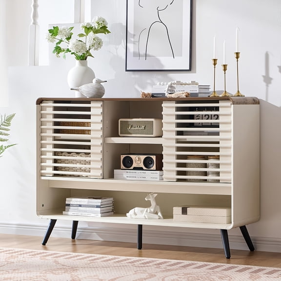 46 Inch Modern Solid Wood Slatted Storage Table with Sliding Door and Engineered Top, Dual-Use Sofa Console Hallway Cabinet, Space-Saving Behind-Sofa Furniture for Living Room