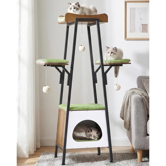 46-Inch Modern Tree Tower for Large Cats, Multi-Level Tower with Playful Balls, Large Perch, Condo, Removable Pads, Green