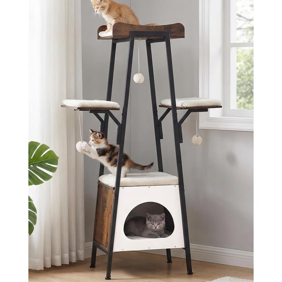 46-Inch Modern Tree Tower for Large Cats, Multi-Level Tower with Playful Balls, Large Perch, Condo, Removable Pads, White